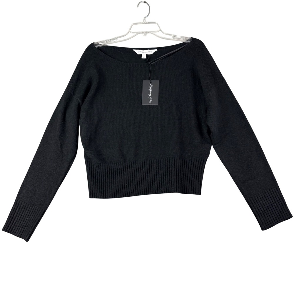 Montgomery Post M Black Boatneck Sweater Ribbed Hem Crop Minimalist Preppy NWT